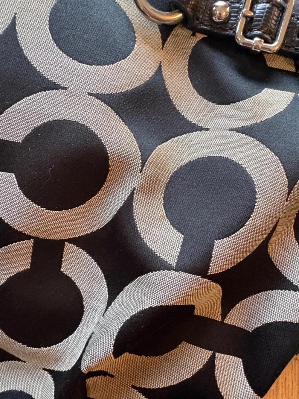 Coach Madison Sophia Satchel bag in black Op Art lured fabric w/leather trim